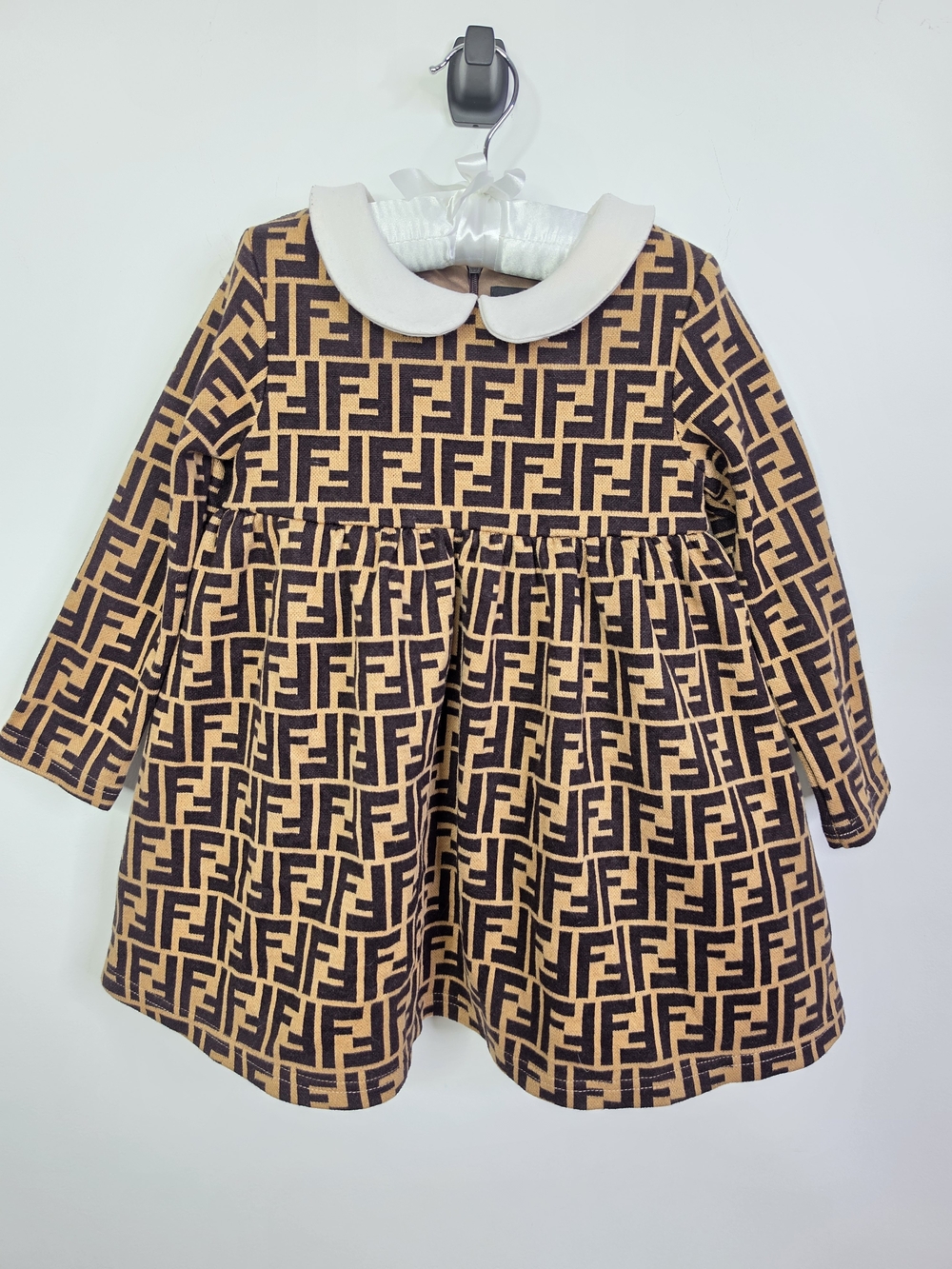 Fendi Tan, Black & White Logo Peter Pan Collar Dress